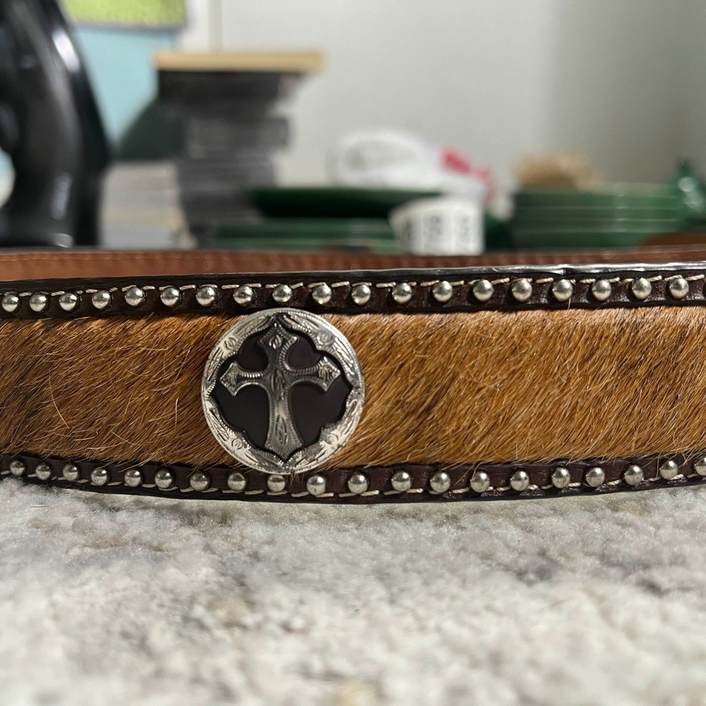 Mens Western Genuine Leather Hair-on Cowhide Belt Silver Buckle Cross - Picture 9 of 10